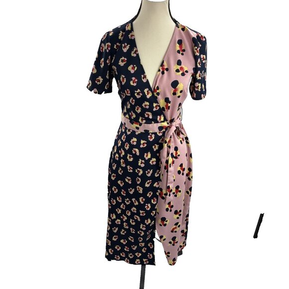 BCBGeneration Womens XS Wrap Dress Mixed Print Short Sleeve Tie Belt Midi - Picture 1 of 7